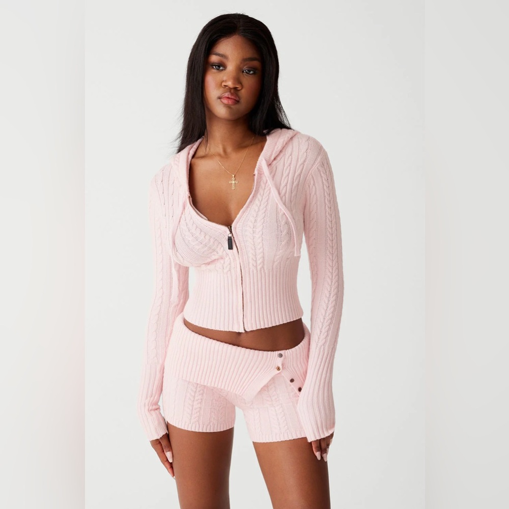 NWT New Frankies Bikinis Aimee Cable Knit Hoodie Rose Quartz Size Medium